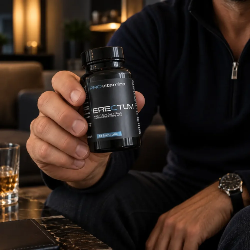 Vyras rankoje laiko PROVITAMINS ERECTUM papildą