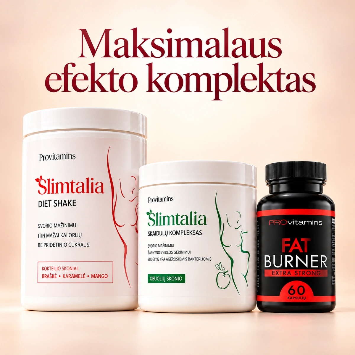 PROVITAMINS Maksimalaus efekto komplektas – Slimtalia Diet Shake, skaidulų kompleksas ir Fat Burner Extra Strong