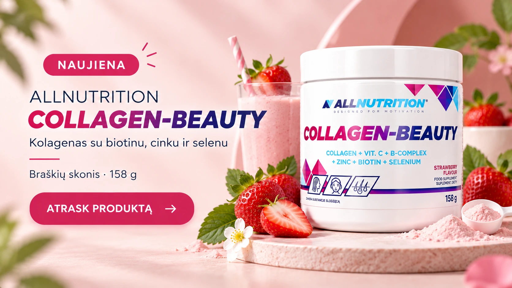 Allnutrition Collagen Beauty braškių skonio kolagenas su biotinu, cinku ir selenu